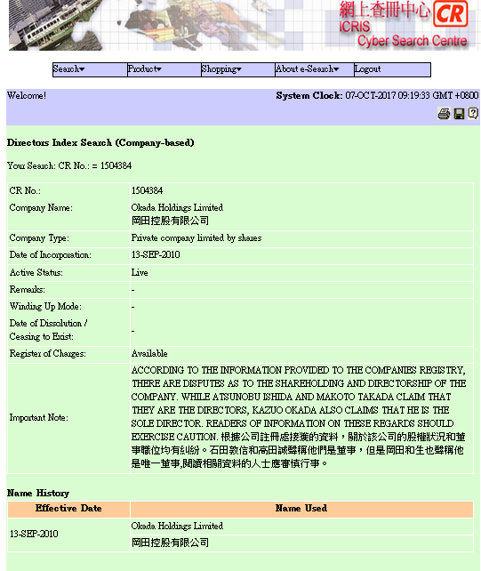 ユニバーサル社の親会社の株主・役員はだれか、登記に注意書き